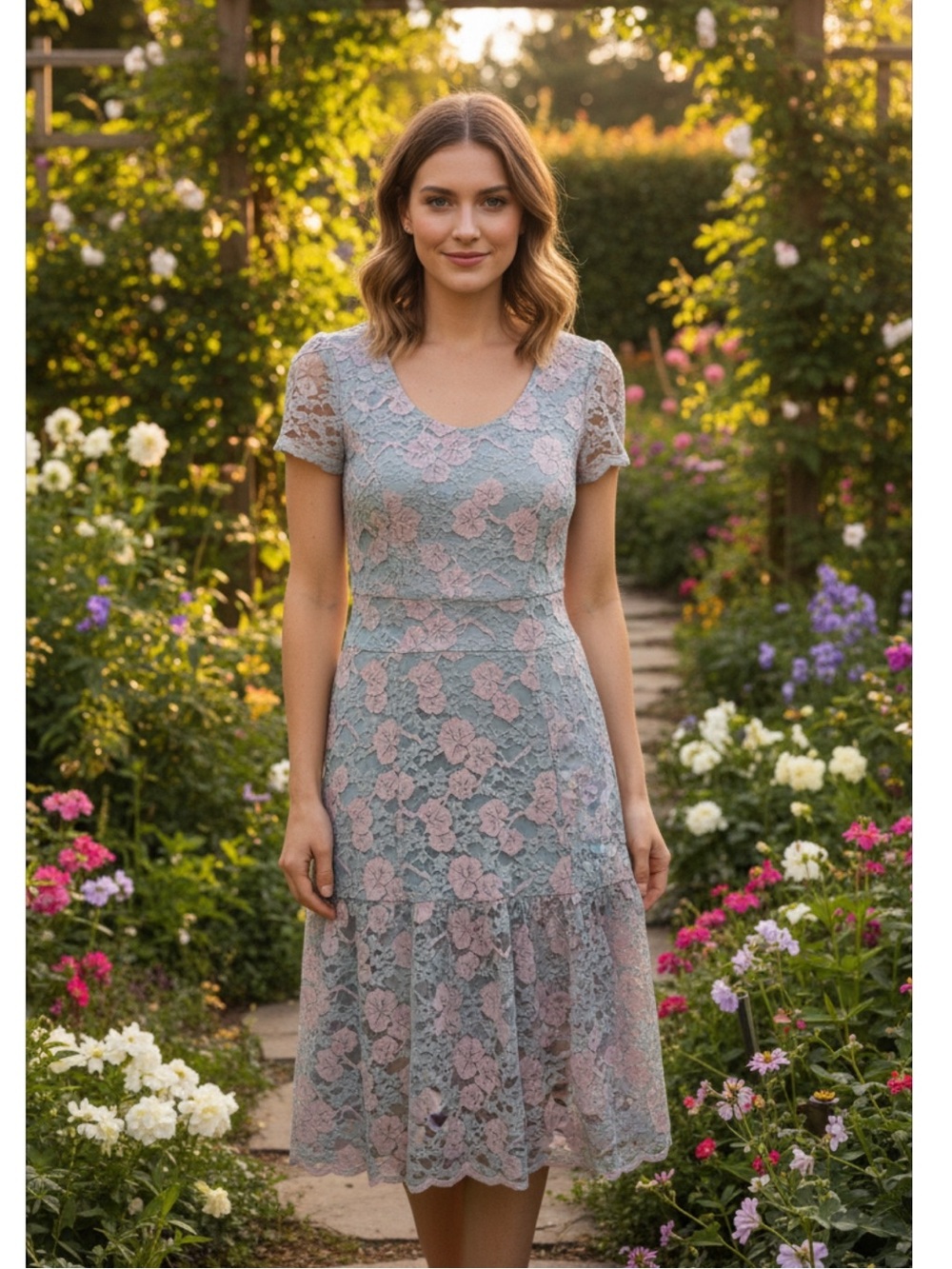 NWT Walter Baker Women’s Vanya Short Sleeves, Sage & Ivory, Lace Midi Dress
